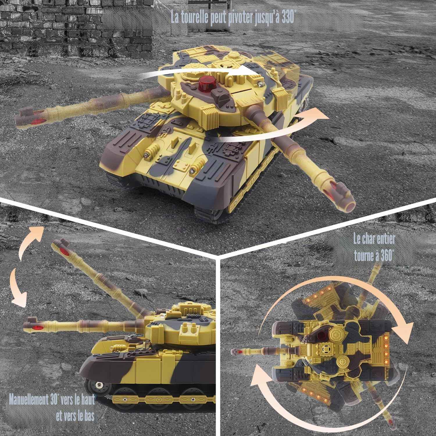 Char RC télécommandé avec fonction de tir infrarouge - 2,4 GHz - Tank de combat militaire - Jouet avec tour rotative à 360° - Lumière sonore - Modèle de véhicule militaire - Cadeau pour enfants