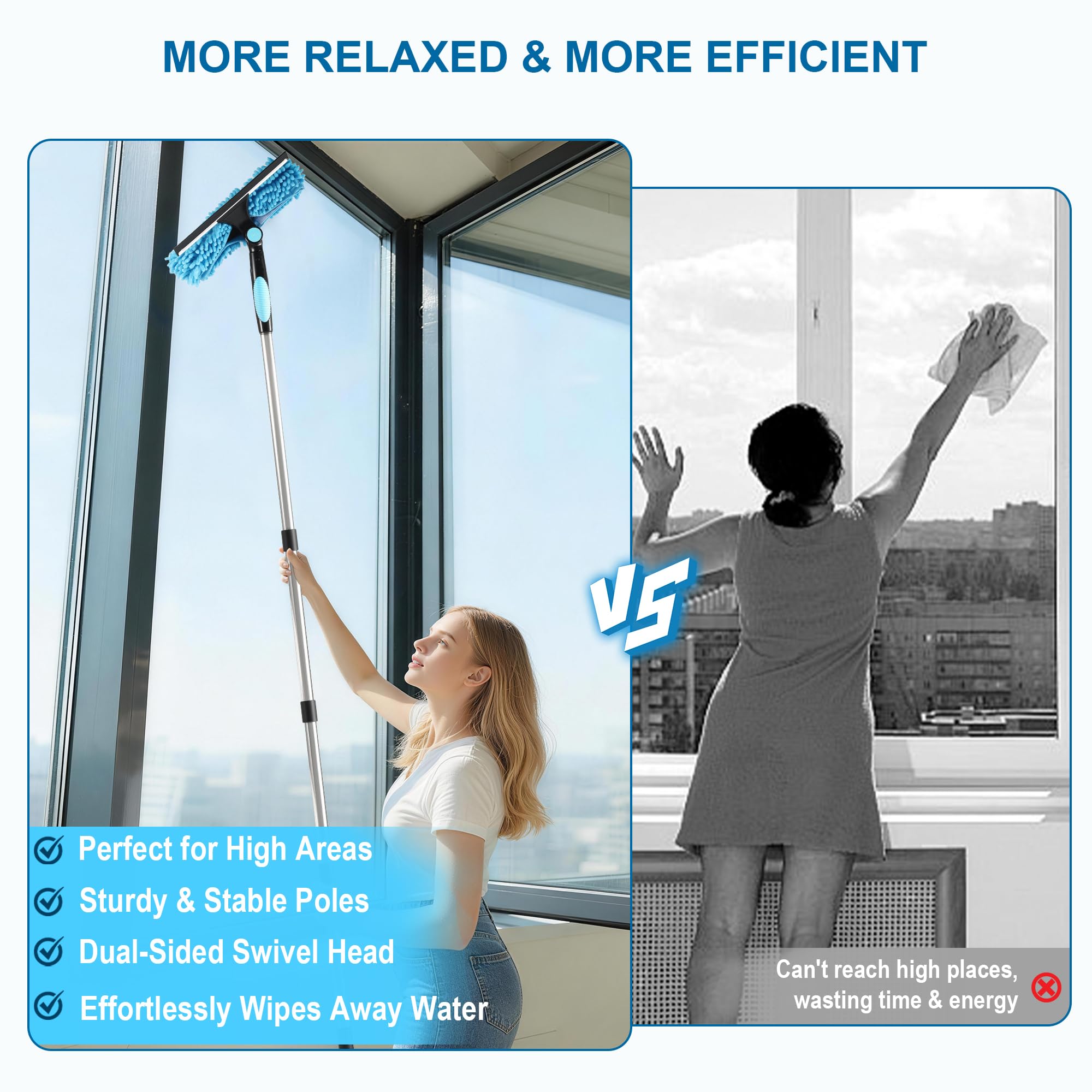 3 en 1 kit Nettoyage vitre 170 cm，Lave vitre telescopiqueavec Manche Long, Mouilleur vitre Professionnel avec Manche Télescopique 4 Sections, pour Fenêtres Hautes, l'Extérieur, Verre，Salle Bain