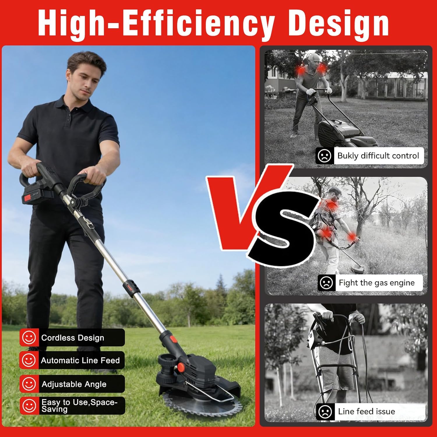 24V Cordless String Trimmer, 8-inch Battery Powered Weed Wacker with 2x4.0Ah Batteries, Foldable 3-in-1 Brush Cutter, 3 Types Blades Electric Lawn Edger with Side Wheel Assist for Yard & Garden