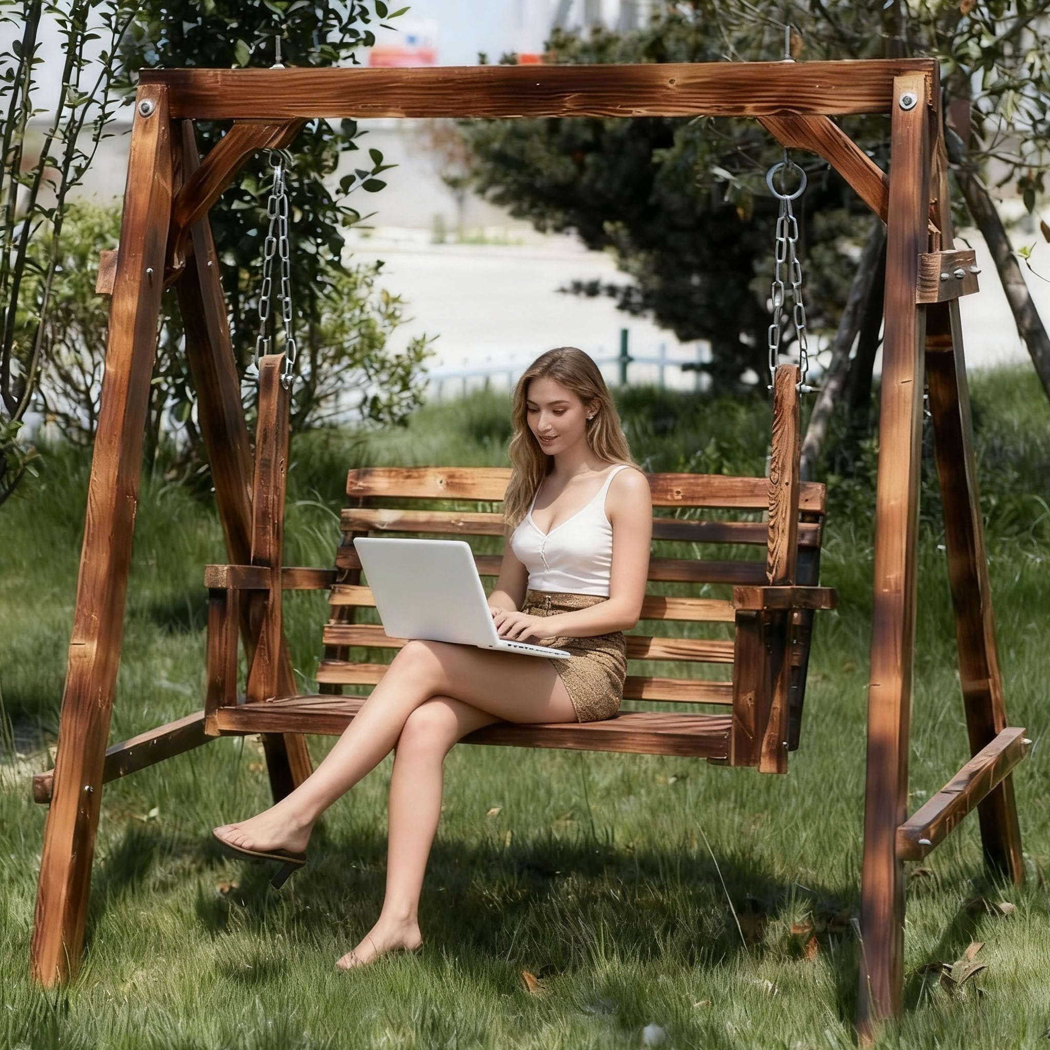 Dondolo da Giardino a 2 posti, in Legno, con braccioli, per Il Giardino, terrazza e Patio, 140 x 120 x 152 cm