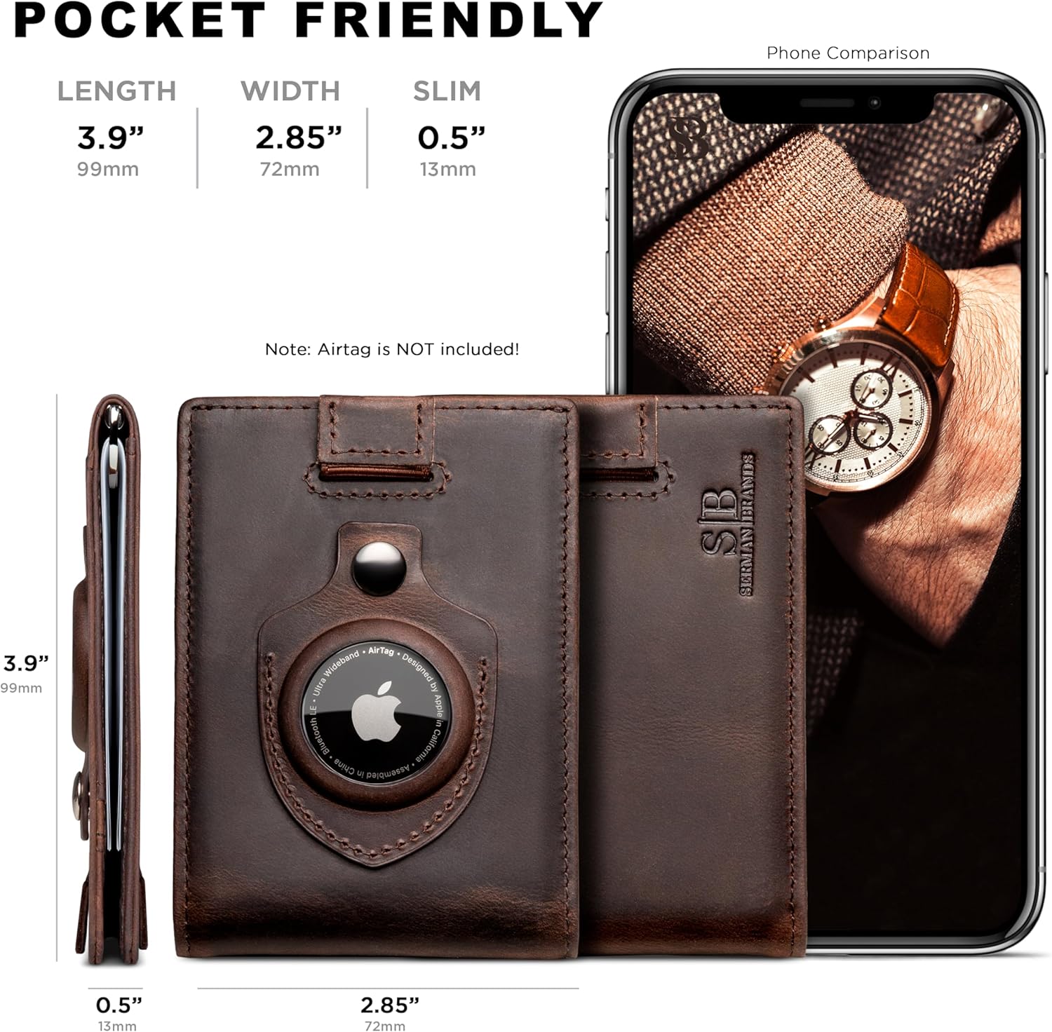 SERMAN BRANDS AirTag Wallet - RFID Blocking Mens Minimalist Money Clip Wallet for Airtag - Full Grain Leather - Slim Bifold. Front Pocket Air tag Wallets for men. Gift - Image 3