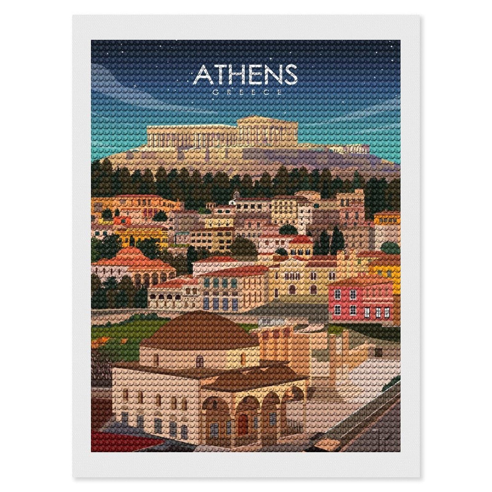 Junmoney Athens Greece Travel Art Crystal Diamond Art Kit 12"x16", Round Gems, Detailed Printed Canvas, Creative Gift Idea, Vintage Style Decor