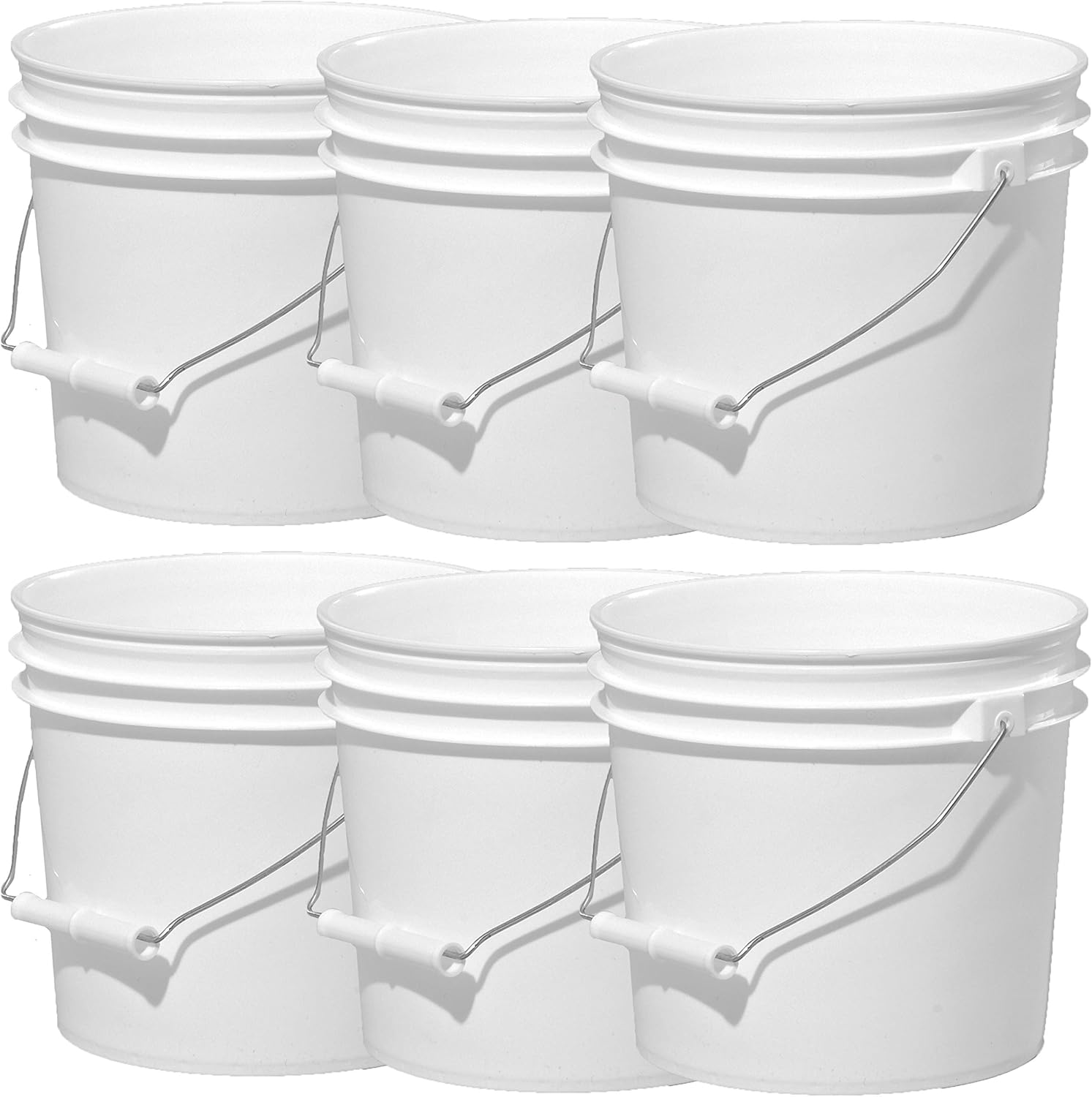 Illing Company Premium 1 Gallon Bucket, HDPE, White, 6 Pack, All Purpose Pail, No BPA Plastic, Food Grade, Metal Handle w/Thick Plastic Grip, No Lids