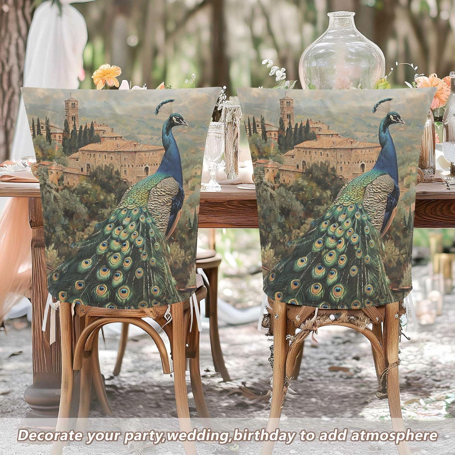 ALAZA Vintage Peacock and Italy View Chair Back Cover Set of 6, Washable Reusable Removable Chair Slipcovers Decorative Chair Cover for Home Kitchen Wedding Party