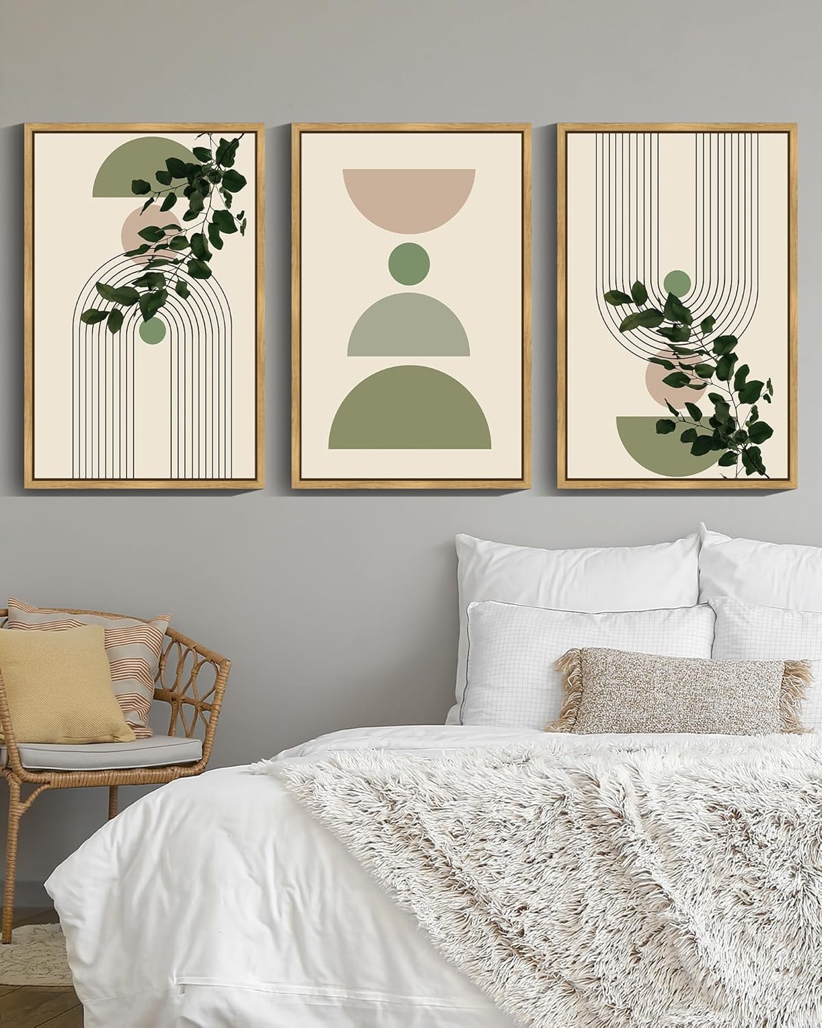 Drsoum 16x24in Green Botanical Boho Wall Decor Framed Modern Sage Bohemian Wall Art Abstract Geometry Canvas Prints Ready to Hang Brown Framed