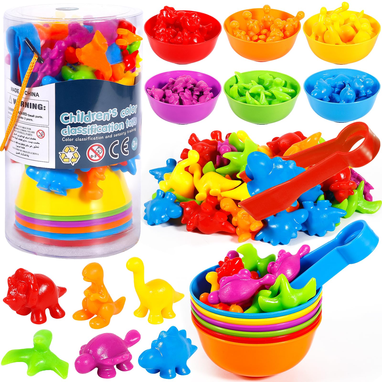 MOOING Giochi Montessori 2 3 4 Anni,48 Pezzi Conteggio degli Dinosauro con Ciotola, Pinzette, Ordinamento dei Colori Giocattoli Matematici, Giocattoli Educativi Regalo per Bambini