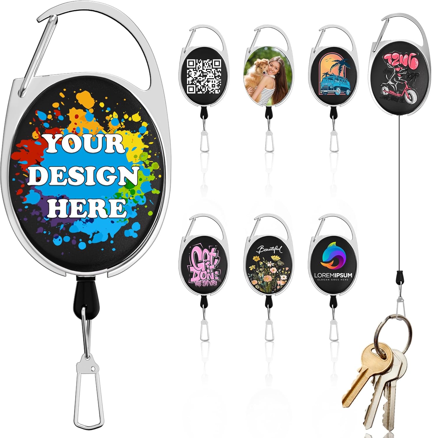 10-100PCS Custom Decorate Retractable Badge Holders with Carabiner Reel Clip,Double-Sided UV Printing Custom Your Photo/Logo/Text,Personalized ID Badge Holder Name Badge Clip Bulk (White)