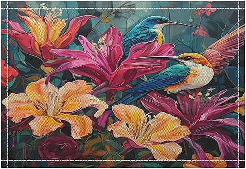 Miniatura 5 de Juego de 2 manteles individuales para mesa, diseño de lirios colgando en una rama son coloridos pájaros, algodón y lino, manteles individuales con