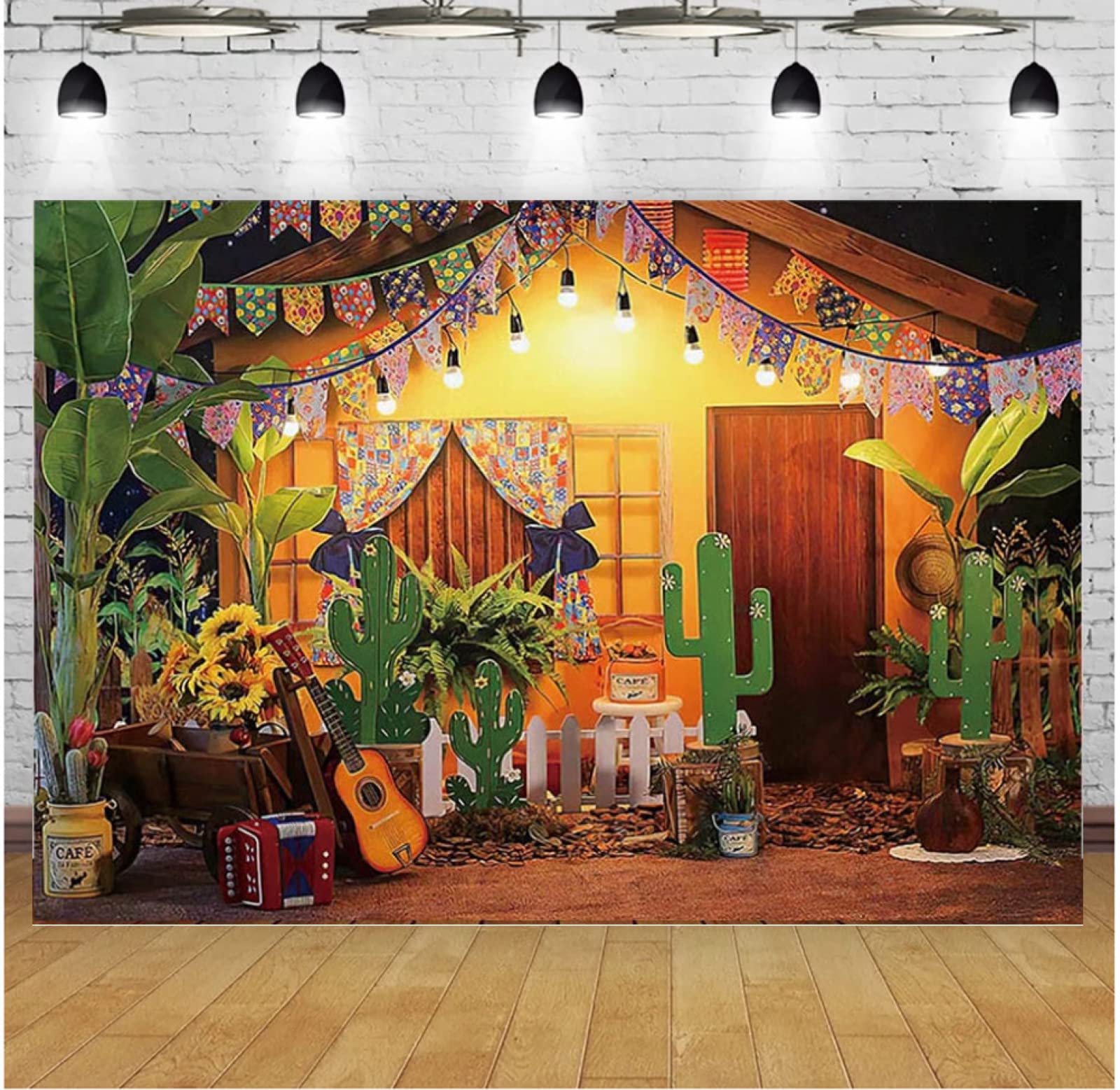 Photography Backgrounds Mexican Carnival Houses Outdoor Flowers Cactus Guitar Flag Children's Birthday Party Portrait Decoration Backdrop Vinyl (7ft×