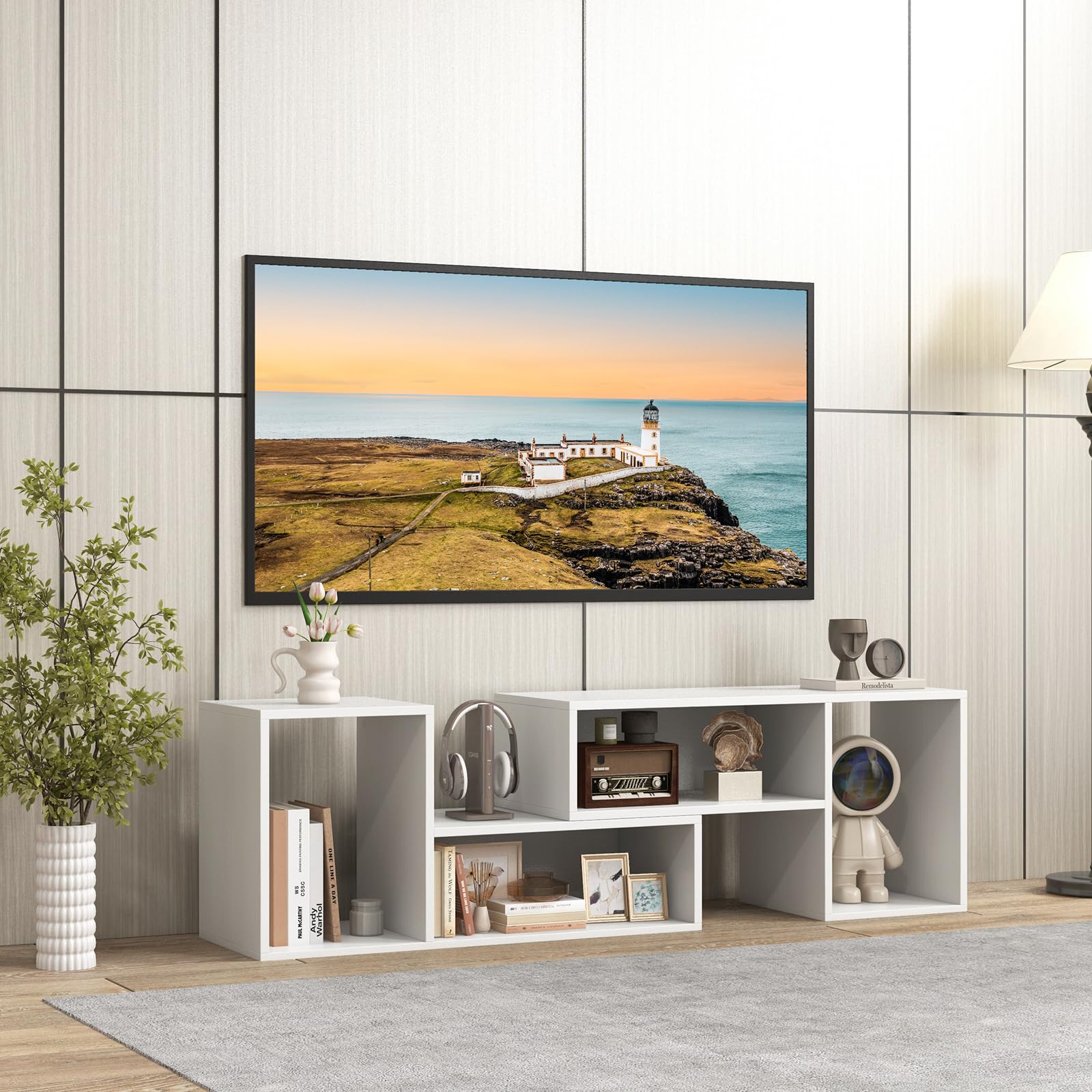COSTWAY Mobile Porta TV Combinabile a 2 Pezzi, per TV Fino a 60'', Mobile TV a Angolo Soggiorno in Legno, con 4 Vani Aperti, Tavolo Media TV Multifunzionale, per Soggiorno, Camera da Letto (Bianco)