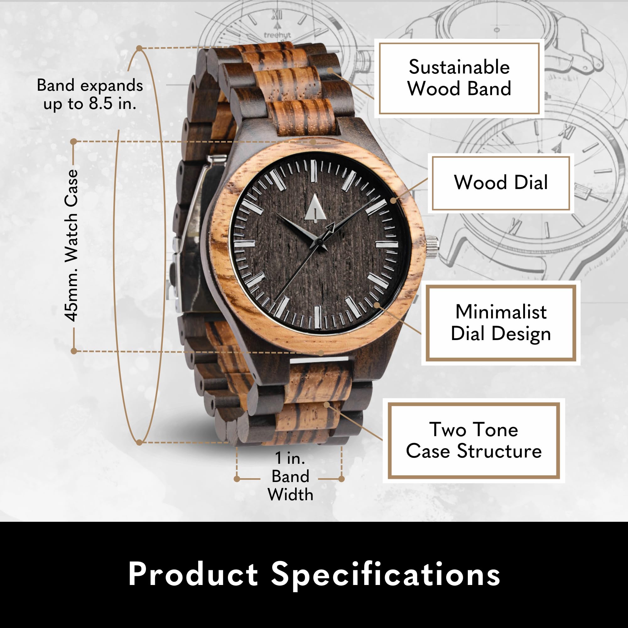 Treehut Wooden Watches for Men, Great Japanese Quartz Analog, Stylish Exotic Watch with Adjustable Stainless Steel Clasp, Buckle, Made from Ebony and Walnut Wood, Relojes Hombre Mujeres