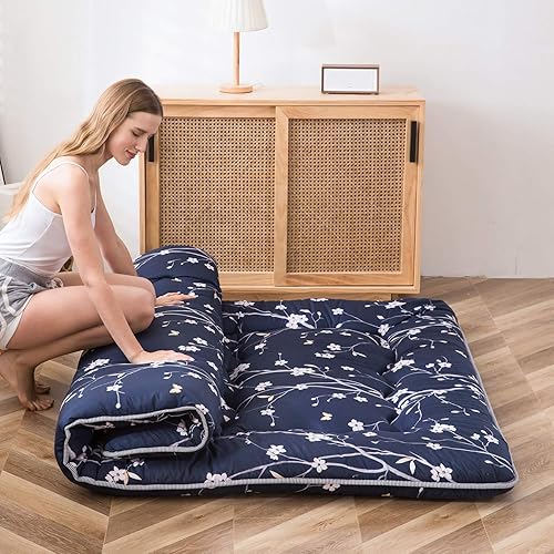 Miniatura 125 de MAXYOYO El mármol negro imprimió el futón japonés, la almohadilla de dormir espesa enrolla el colchón que acampa Mármol negro,Flor 1,floral azul