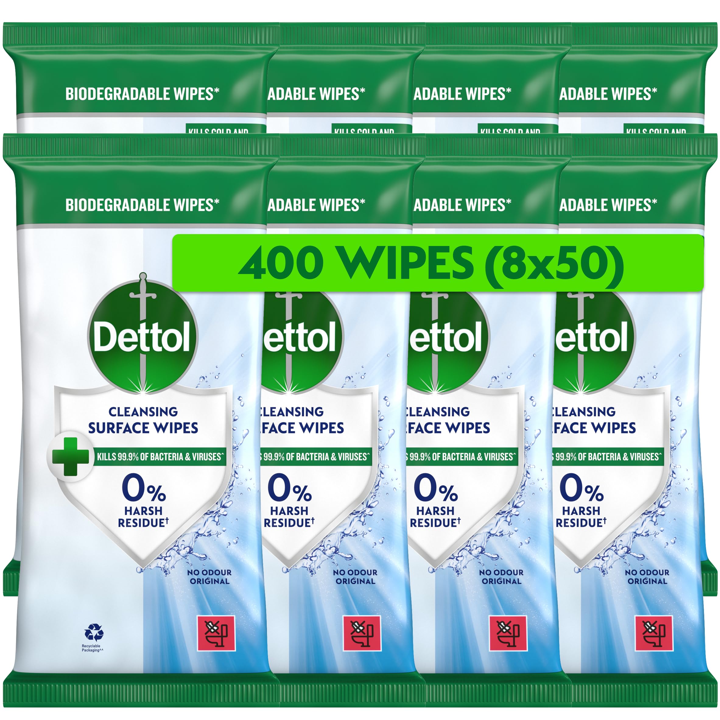 Dettol Surface Cleansing Wipes 8-Pack, 400 Total - Antibacterial Disinfectant For Home, Office, Travel - Hygienic Cleaning Solution, Kills 99.9% Of Germs, Resealable