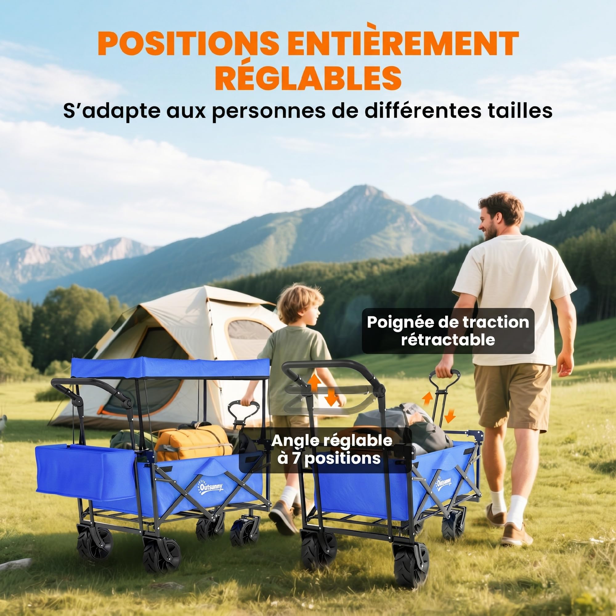 Outsunny Chariot de Transport Pliant avec Toit, poignée, Panier, Bleu | Chariot à roulettes plage Tout-terrain, charge 68 kg, acier Oxford