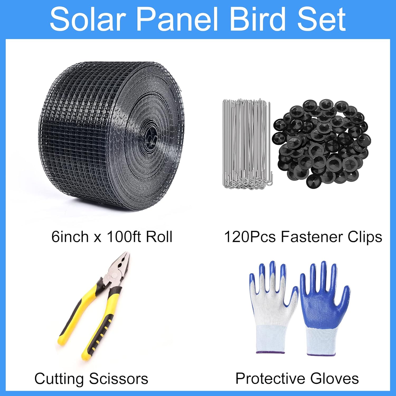 YESON Solar Panel Guard, 6in X 100ft PVC Coated Critter Guard Roll Kit for Solar Panel Wire Screen, Black Pigeon Barrier Netting with 120 Fastener Clips, Cutting Scissor, Gloves