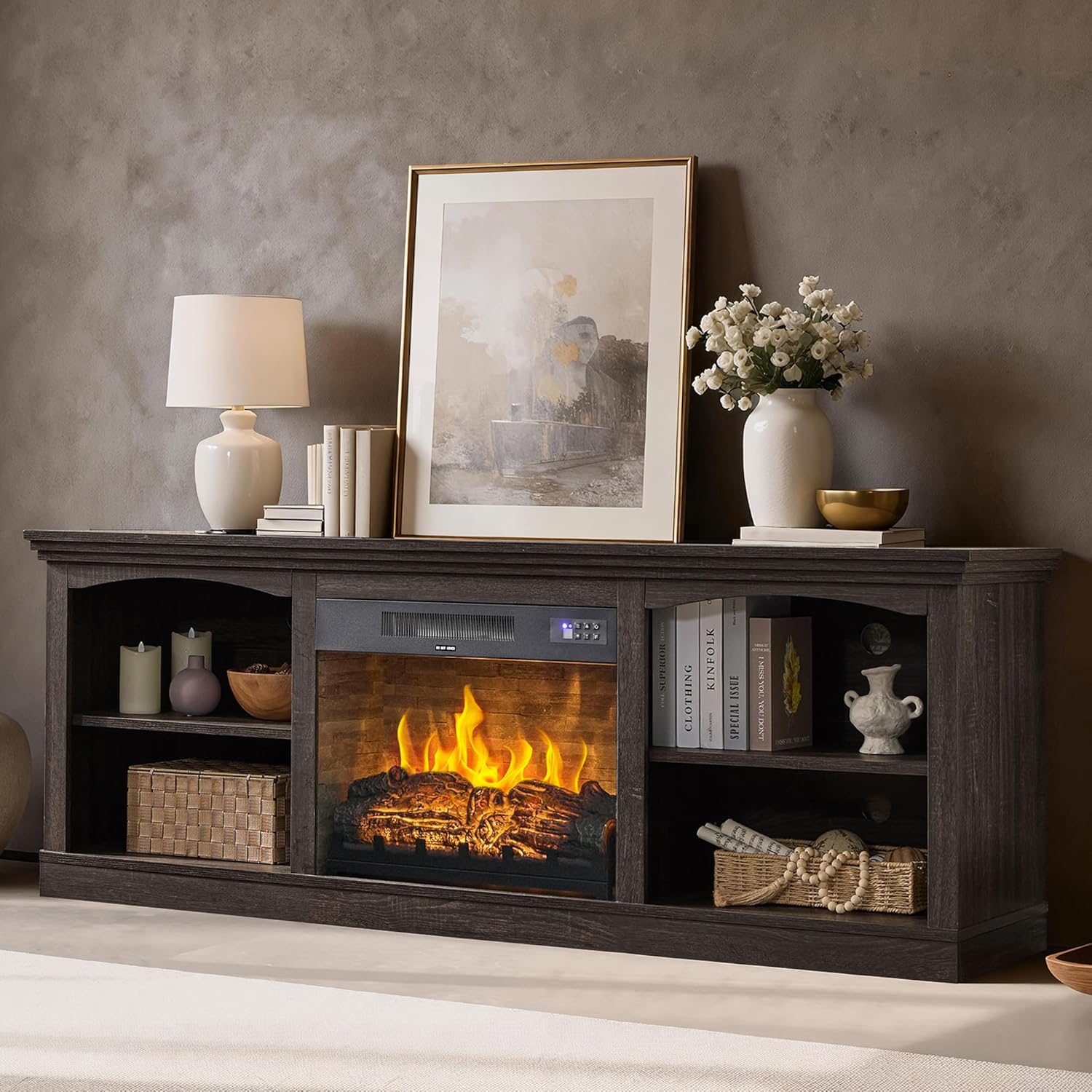 AMERLIFE 70 Inch Fireplace TV Stand for TVs up to 80", Farmhouse Entertainment Center with 23" Electric Fireplace One-Box Delivery, Media Console Table with Storage for Living Room, Black