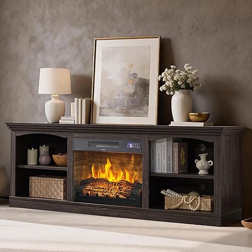 AMERLIFE 70 Inch Fireplace TV Stand for TVs up to 80", Farmhouse Entertainment Center with 23" Electric Fireplace One-Box Delivery, Media Console Table with Storage for Living Room, Black