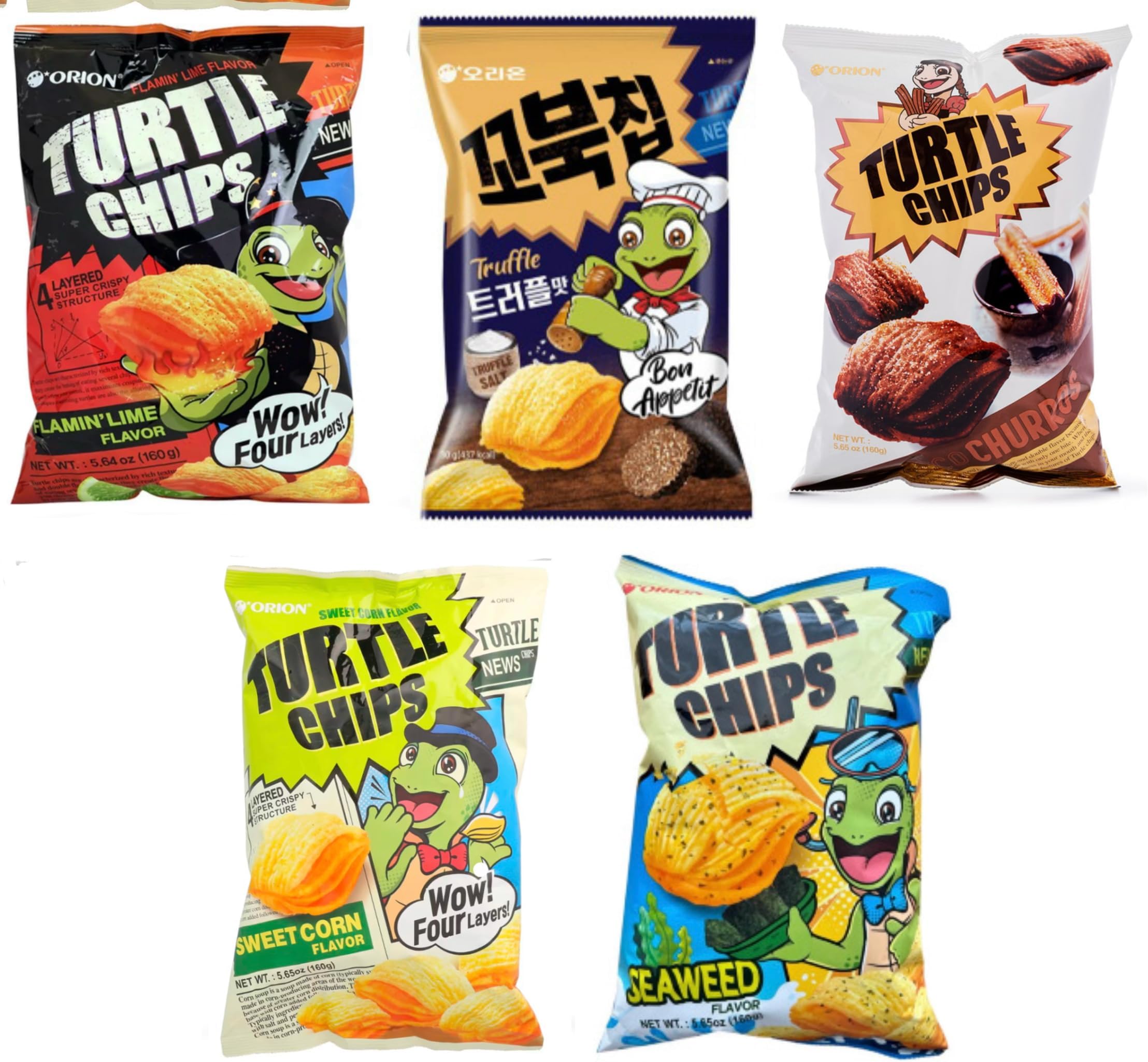 [Combo of 5 Big Packs] Orion Turtle Chips, Flaming Lime/Sweet Corn/Truffle/Seaweed/Chocolate Churros Flavor, Super Crunch, 5.64 oz