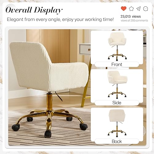 Miniatura 9 de Homedraft Silla de escritorio giratoria de piel sintética de 360, moderno sillón de oficina en casa ajustable con base dorada para adolescentes,