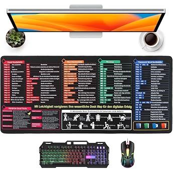 Desk Pad German XXL 900 x 400 mm for Excel Word PPT Windows Cheat Sheet Desk Pad German Mouse Mat for Excel Shortcuts Underlay German 900 x 400 mm - German