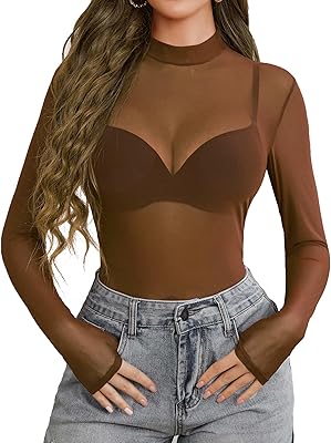 Avidlove Mesh Top for Women Long Sleeve See Through Shirt Mock Neck Sheer Blouse Clubwear Party XS-3XL