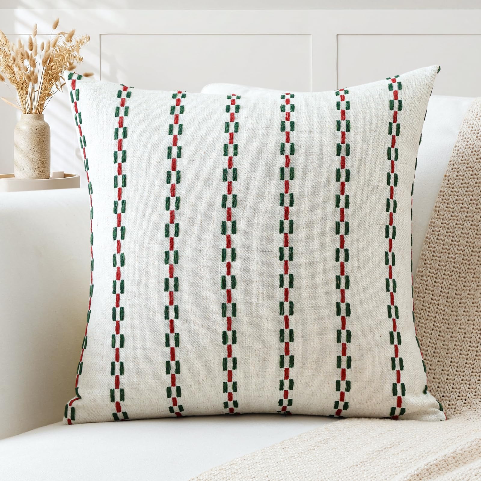 Artscope Pack of 1 Striped Geometric Cushion Cover 60x60cm Soft Square Pillowcase Decorative Farmhouse Accent Couch Throw Pillow Cover for Living Room Bedroom Red + Green