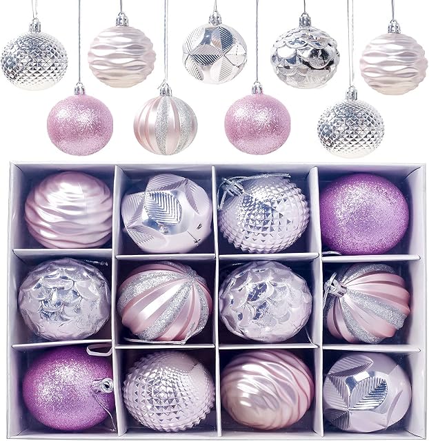 Gxhong Christmas Balls, 12pcs Christmas Tree Decoration Ornaments, Christmas Baubles Matt and Glossy Glittering Christmas Tree Balls  6CM, Pink
