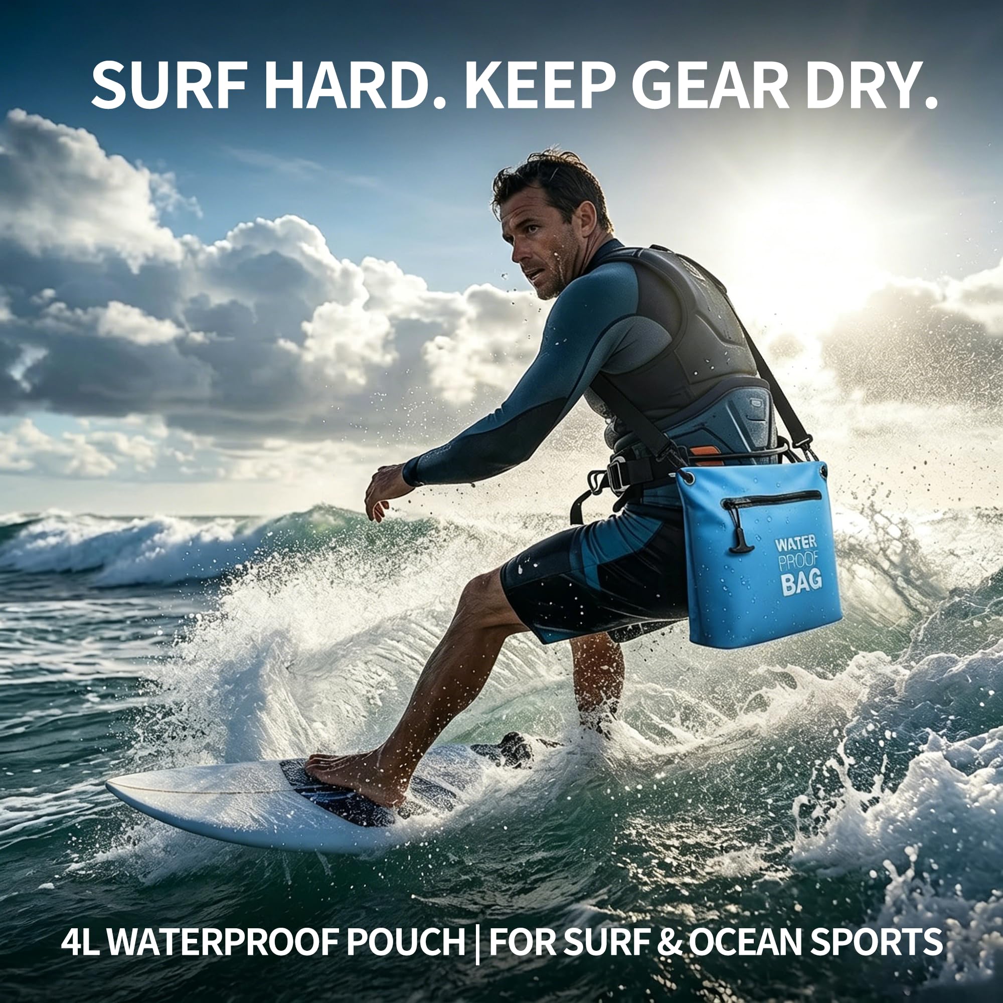 wasserdichte Umhängetasche mit Luftdichtem Reißverschluss, Leichter Dry Bag mit Verstellbarem Gurt für Strand, Schwimmen, Reisen und Alltag (Hellblau)