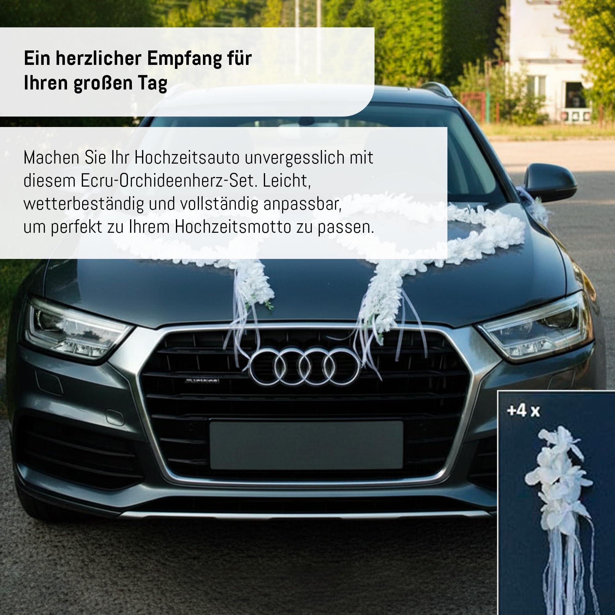 ORCHIDEEN Herzen Braut Paar Rose Deko Dekoration Hochzeit Car Auto Wedding ®Auto-schmuck Deko Girlande PKW (reinweiß)
