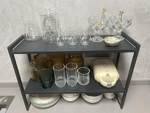Miniatura 5 de Organizador de estante de gabinete expandible de 2 niveles de 14.5-25 pulgadas de largo, estante para encimera de cocina, estante para fregadero,