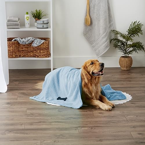 Miniatura 5 de Bone Dry Pet Drying Collection - Toalla de microfibra bordada para mascotas XL 41 x 235pulgadas color celeste con huella de hueso negra