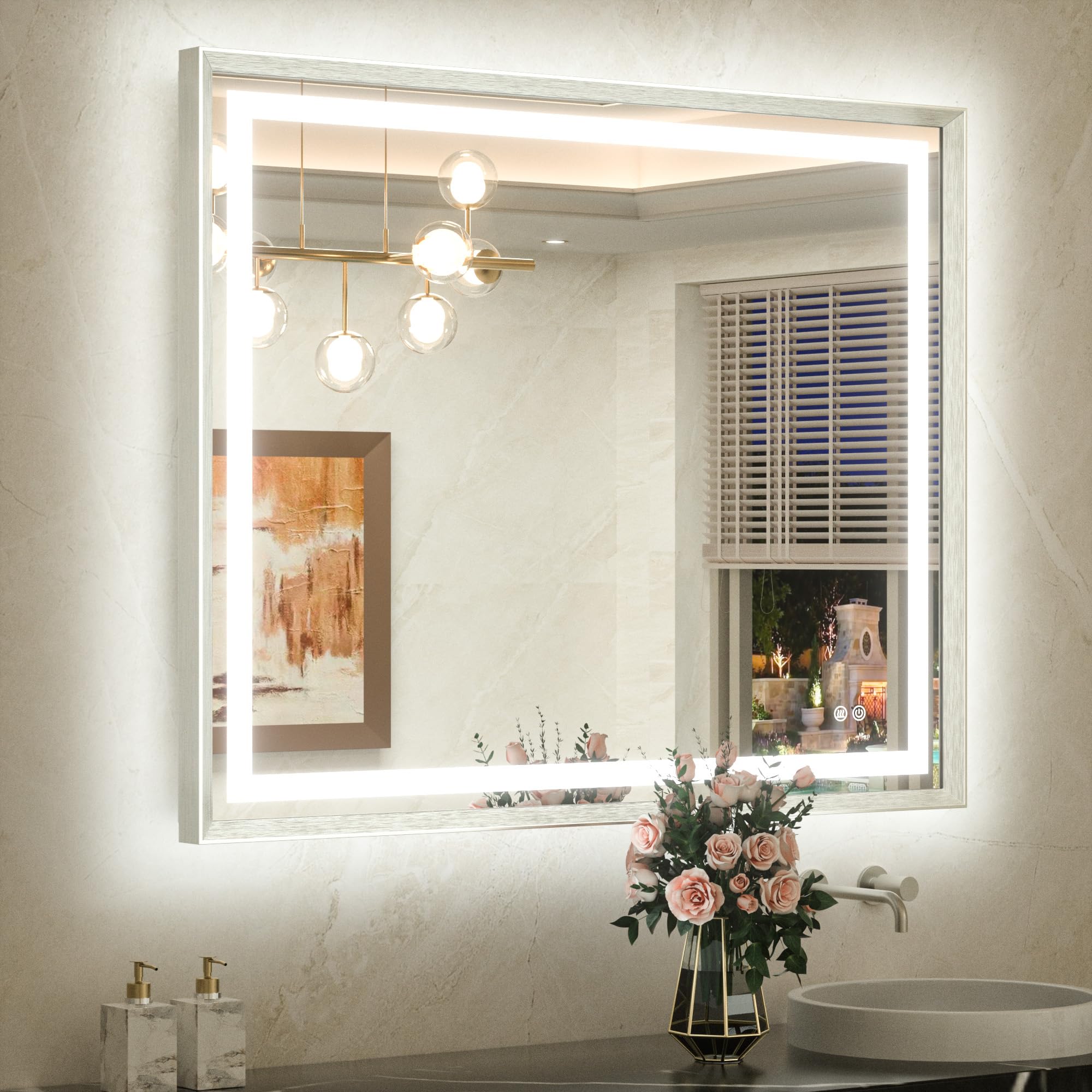 TETOTE 42 x 36 Led Mirror Silver Metal Frame Frontlit &amp; Backlit Vanity Mirror Anti-Fog Stepless Dimmable 3 Colors White/Warm/Natural Wall Mirror with Lights