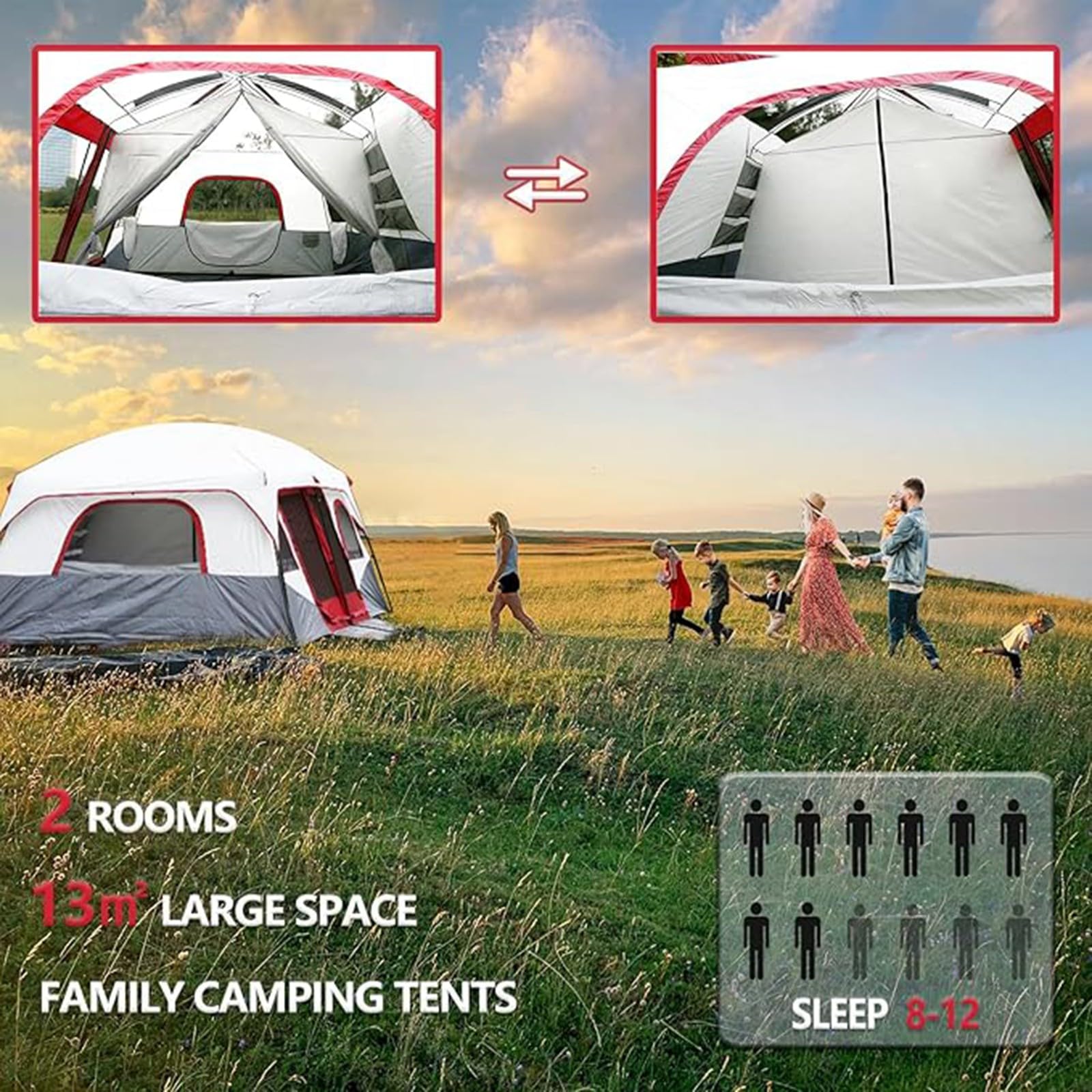 Tenda da campeggio Tenda per 8-12 persone con 2 camere da letto Tenda grande Tenda da esterno a doppio strato per tenda da campeggio impermeabile per famiglie