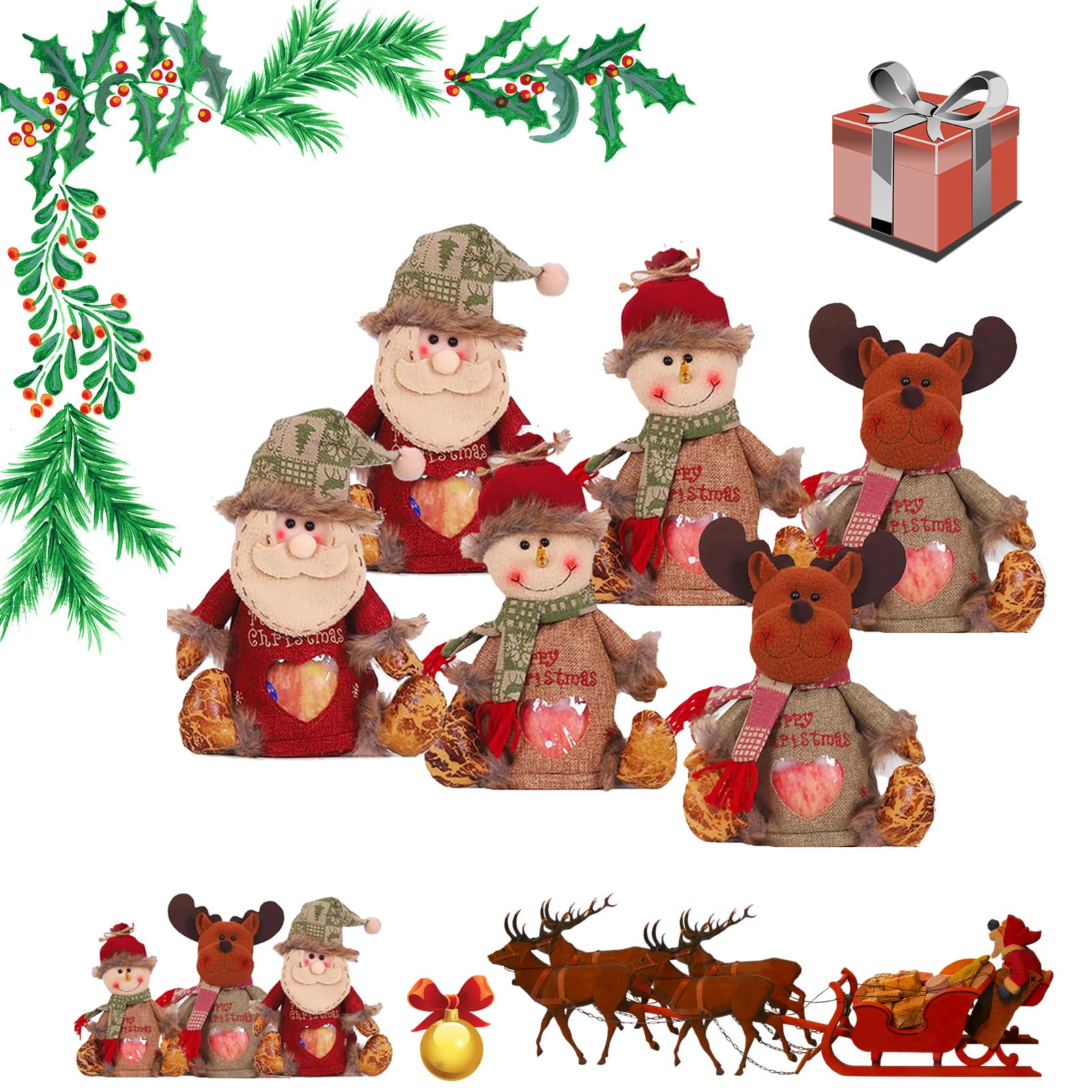 Christmas Doll Bag with Zipper Design, Gift Storage (6Pcs), Reusable Fabric Xmas Favor Bags
