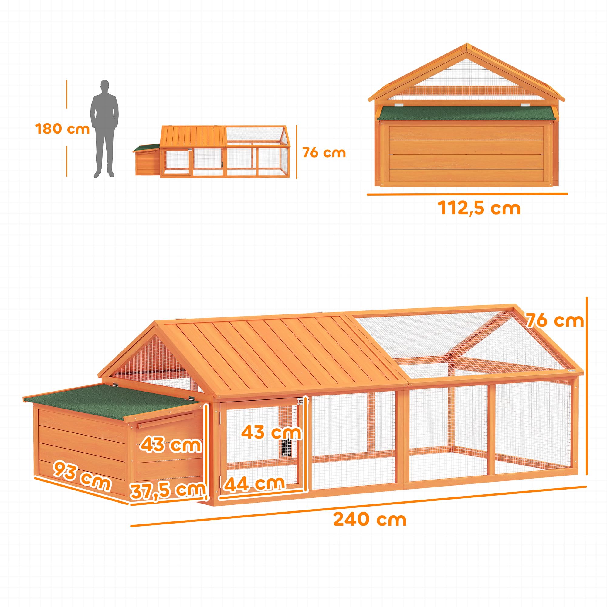 PawHut Gallinero Exterior Madera 240x112,5x76 cm Techo Abatible Corral Puertas Cerradura Nido Gallinas