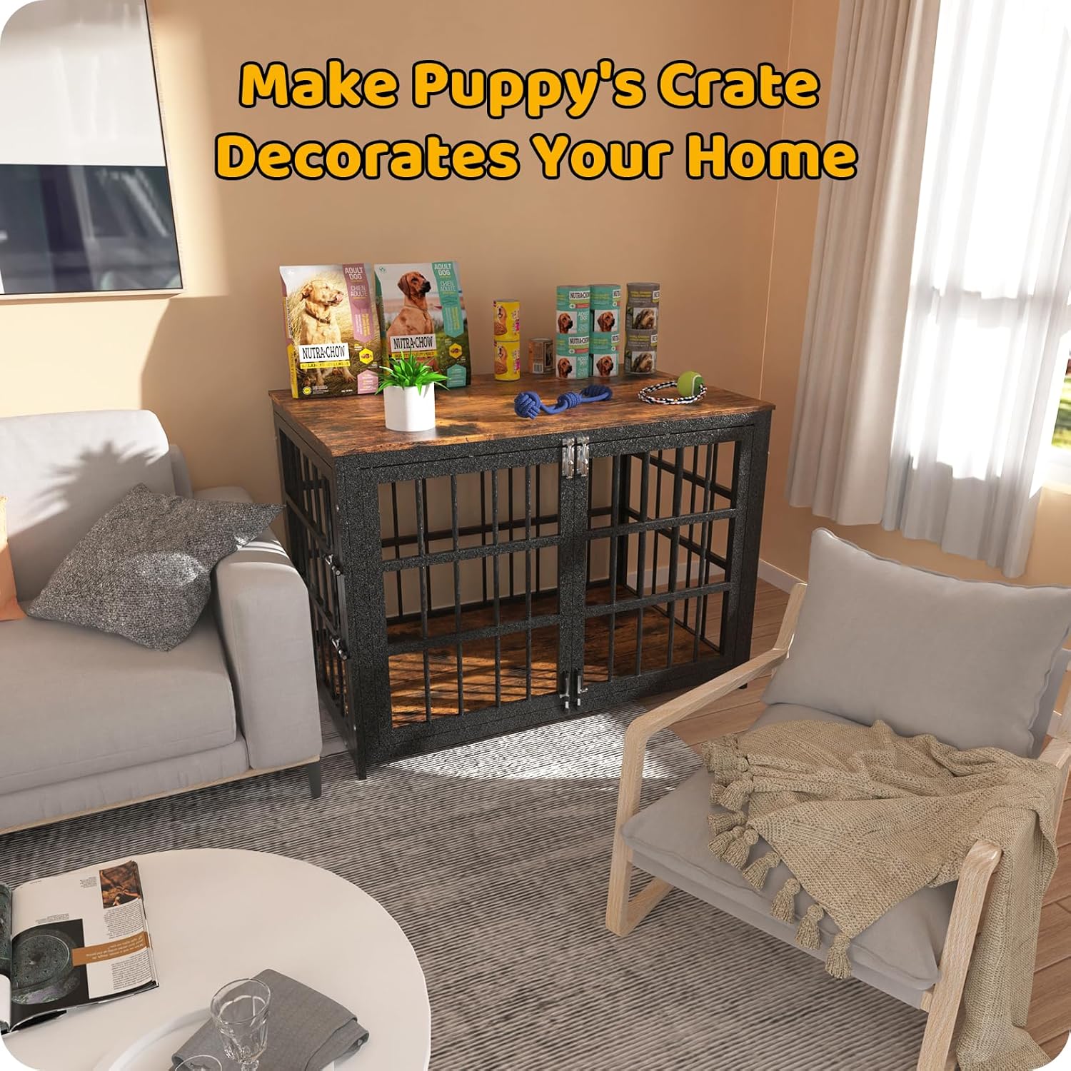 Heavy Duty Dog Crate Furniture 38In, Indestructible Cage for High Anxiety Dogs with Wooden Table for Indoor Decorative, Escape-Proof Locks & Double Door for Medium Large XL XXL Dog, Aged Black