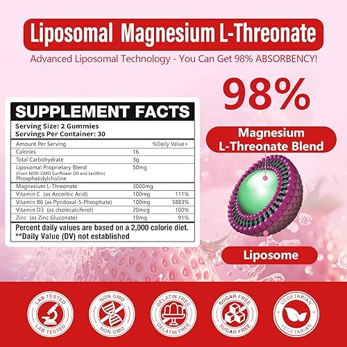 Miniatura 2 de Gomitas de treonato de magnesio liposomal de alta potencia de 3000 mg, liposomales mejoran el 98% de absorción, suplementos de L-treonato de