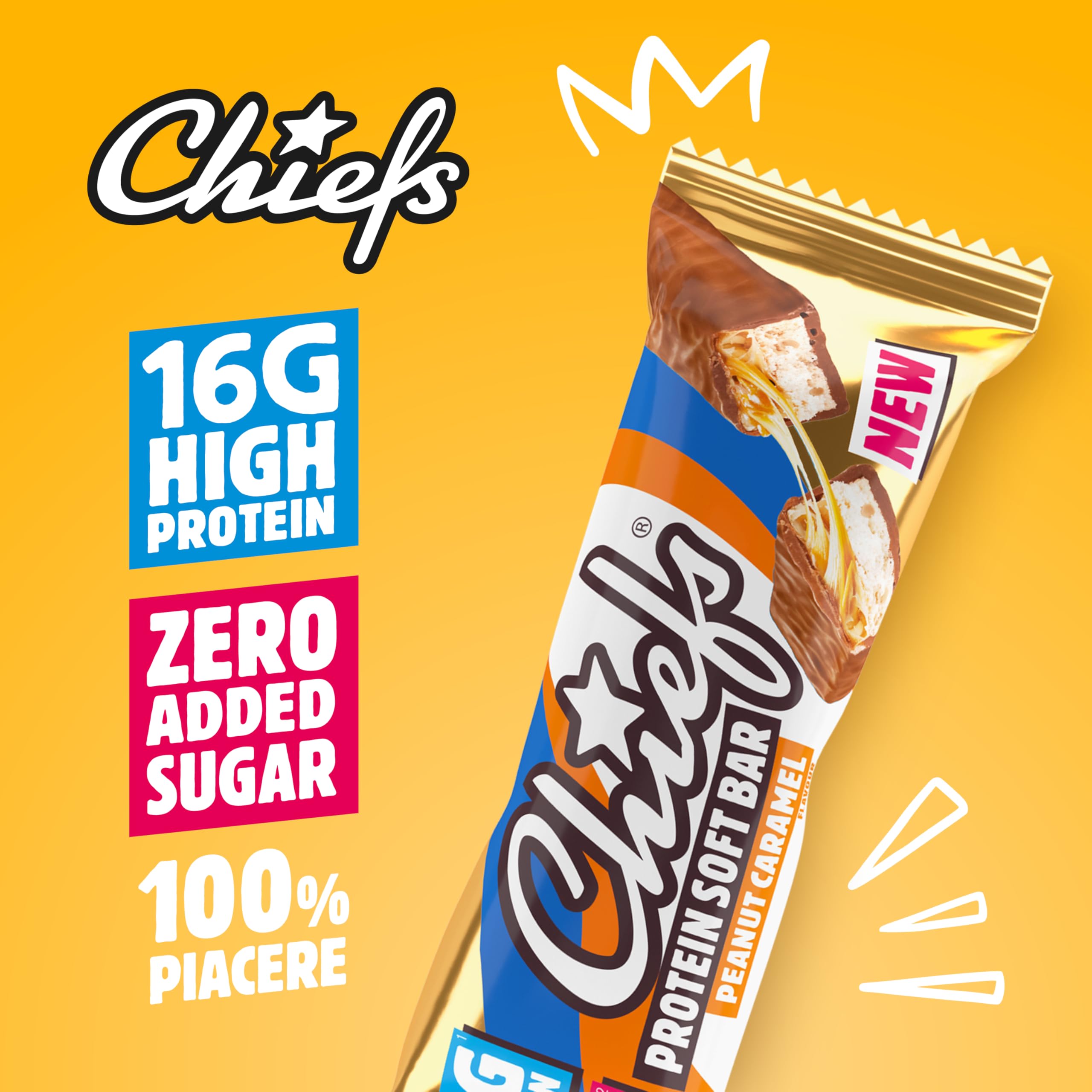 CHIEFS Protein Snack al Cioccolato, Barrette Proteiche, Per uno Spuntino Goloso e Per il Controllo del Peso, Per il Recupero Dopo lo Sport, 15 Barrette da 55g, Caramello alle arachidi