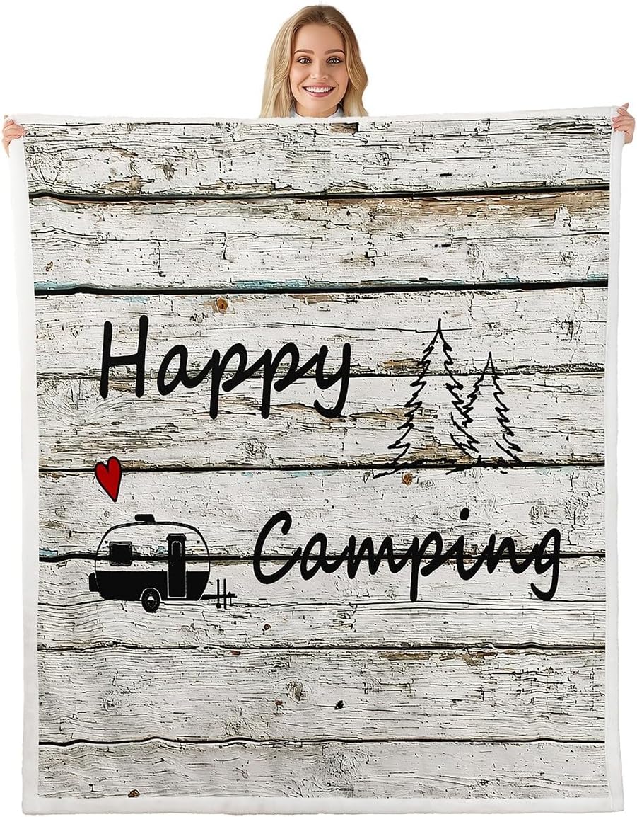 Homewish Camper Bed Blanket Kids Girls Rustic Farmhouse Sherpa Blanket Soft Cozy Lightweight Vintage Wood Plush Fleece Happy Camping Blanket Gifts for Couch Bed Chair Office Sofa(Throw 50"x60")