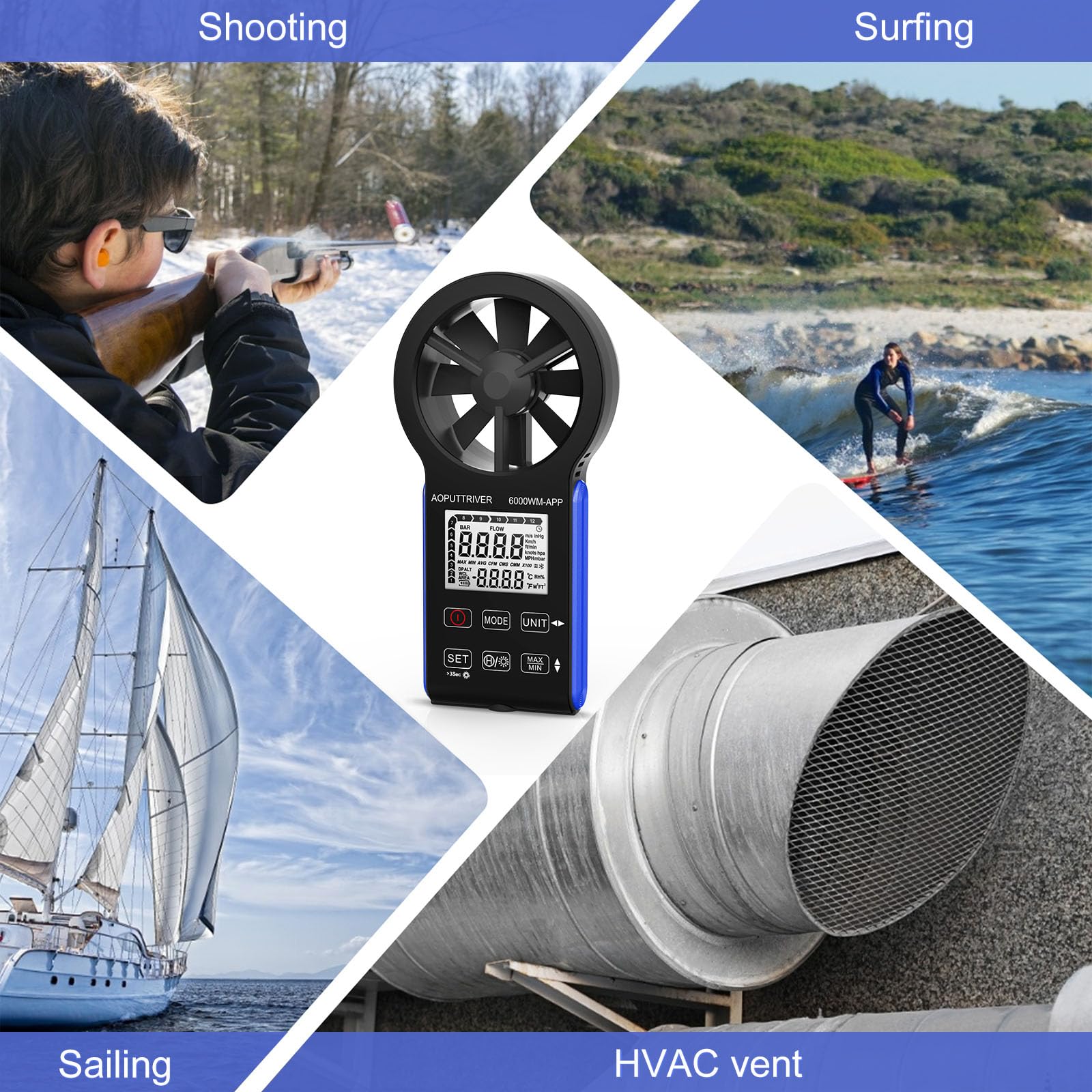 6000WM-APP - Anemometro digitale portatile, anemometro CFM, con temperatura (°C/°F), 5 unità, velocità del vento, volume d'aria e misurazione della temperatura per HVAC, Marine
