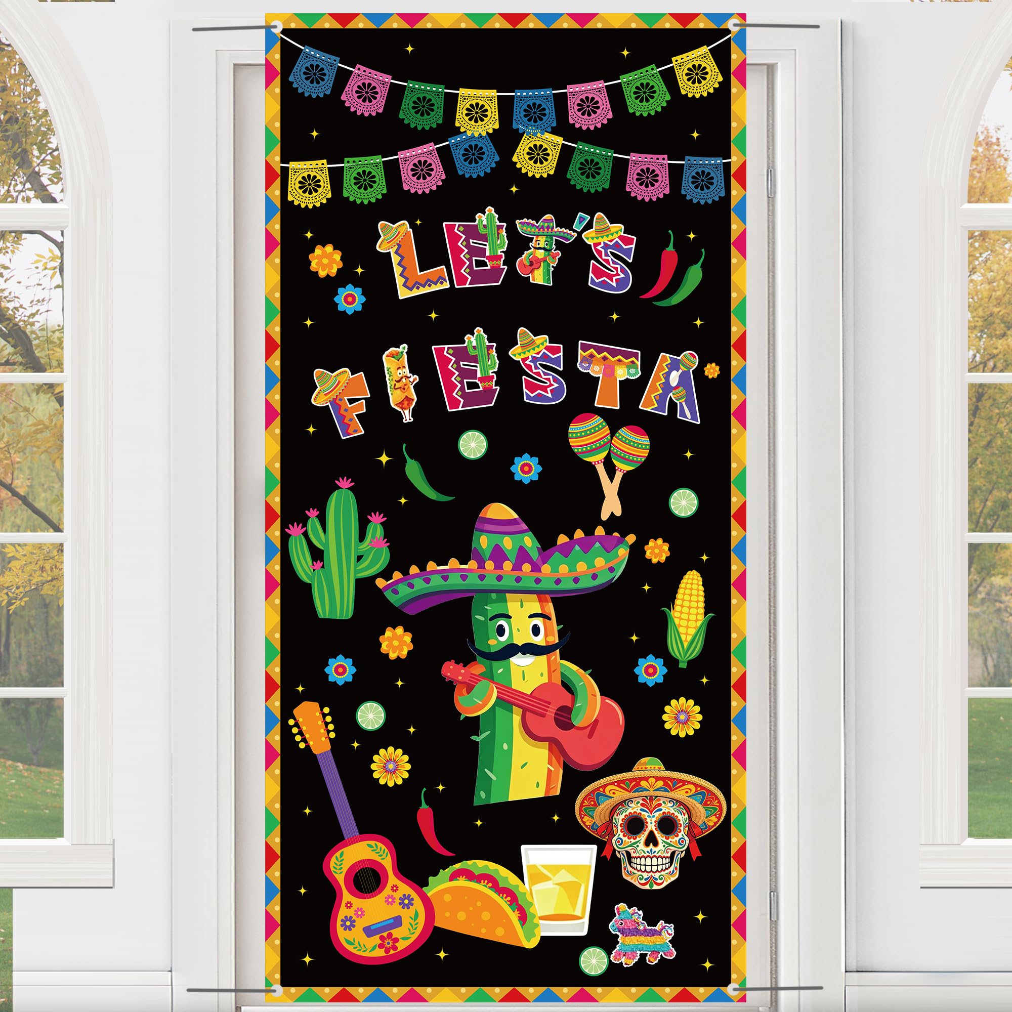 Mexican Fiesta Party Decorations Banner - Black 73 x 35 inch Let's Fiesta Banner Cinco de Mayo Theme Backdrop Cactus Mexican Hat Burrito Mexico Carnival Background for Mexican Fiesta Party Festival