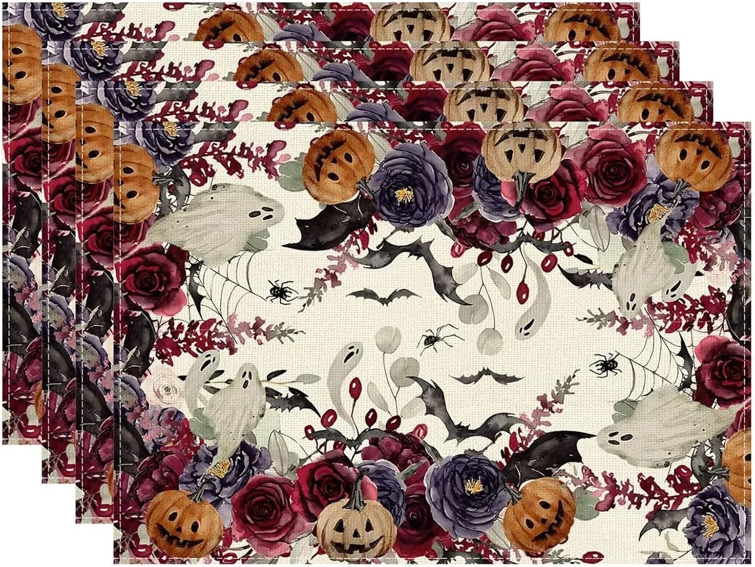 Spooky Pumpkin Flowers Cross Halloween Placemats Table Mats for Party Home Kitchen Dining Table Decorations 12x18 Inch(8,4PCS)