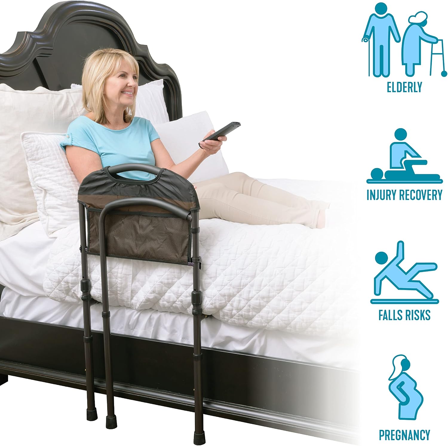 Stander Mobility Rail, Bed Rail and Assist Bar with Swing-Out Safety Handle for Adults, Seniors, and Elderly, Transfer Rail for Bed with Floor Support Legs and Pouch, Standing Assist, Mobility Aid