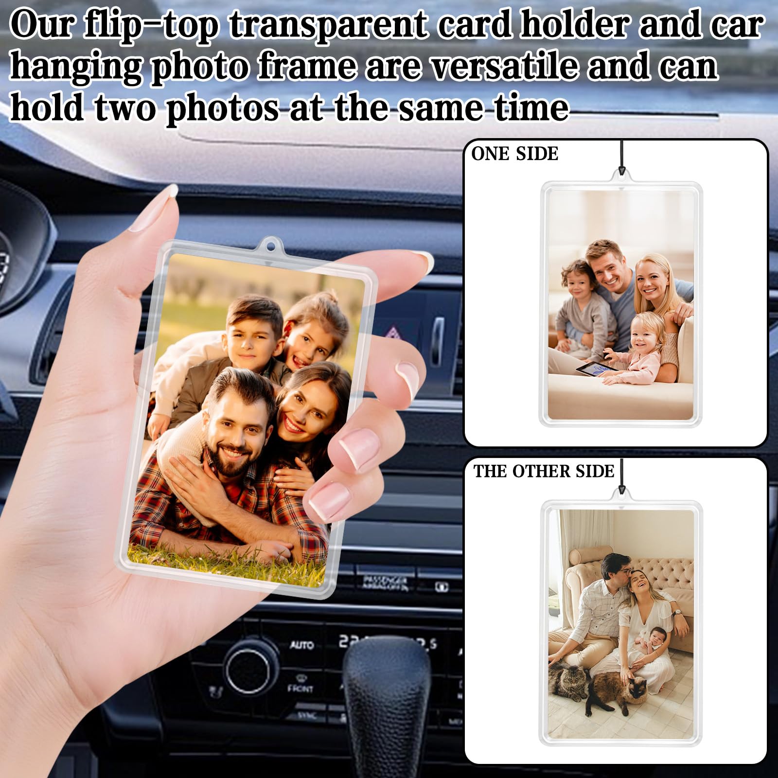 HINGTAI Marco de fotos para coche con 4 tarjeteros transparentes y cuerda negra, adorno personalizado para espejo retrovisor