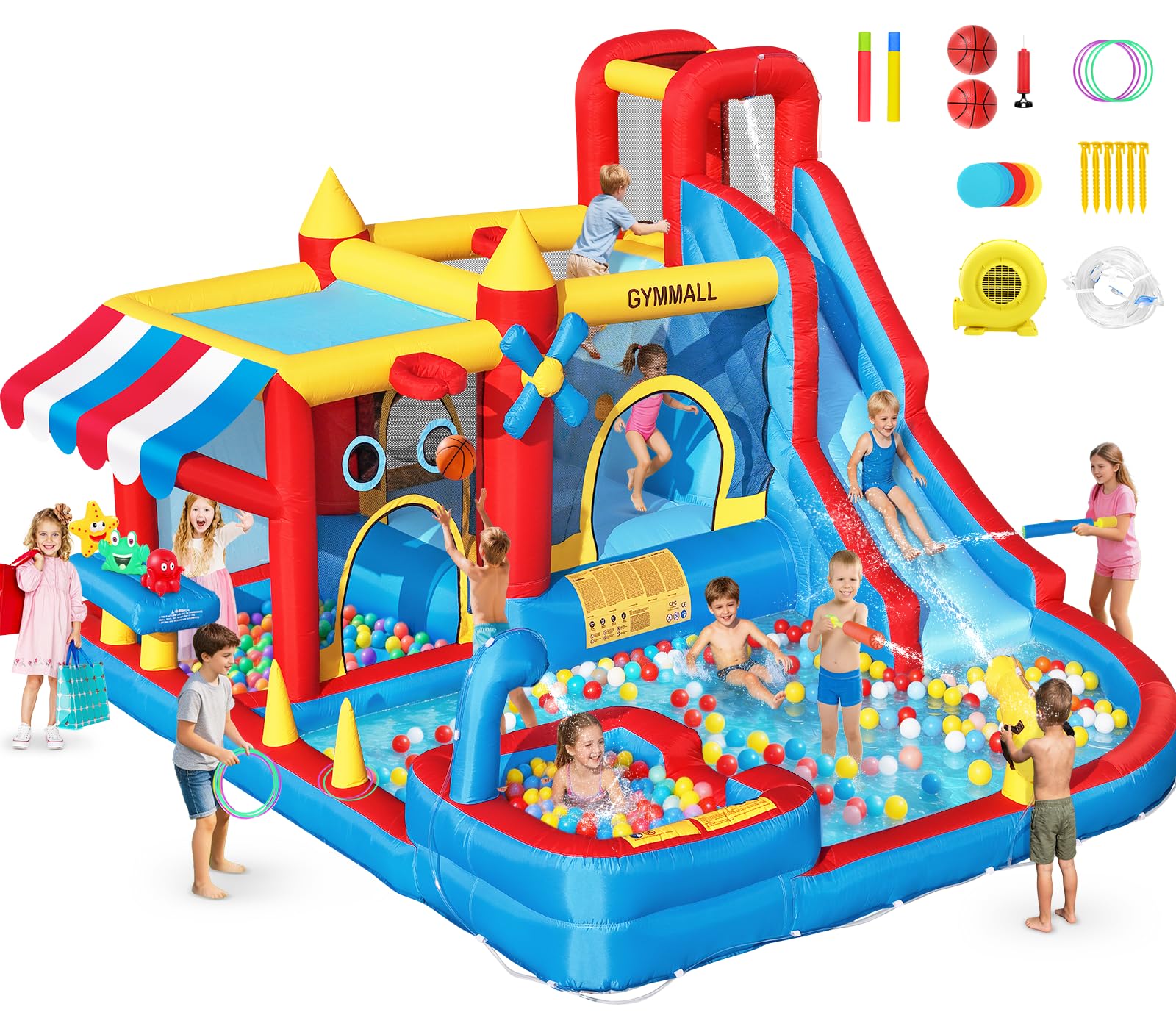 Photo 1 of GYMMALL Inflatable Bounce House Water Slide with 550 W Blower, Blow up 10-in-1 Waterslide Park Bouncy Castle Outdoor and Indoor, Bouncer House with Toy Market Stand, Splash Pool and Climbing Wall