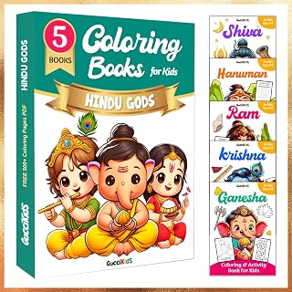 Hindu Gods Colouring & Activity Combo Set of 5 Books (Ganesha, Krishna, Ram, Hanuman, Shiva) | 100 Story, Activity, Mantra Pages | Coloring Book for ... Birthday Return Gifts & Toys, No Screen time