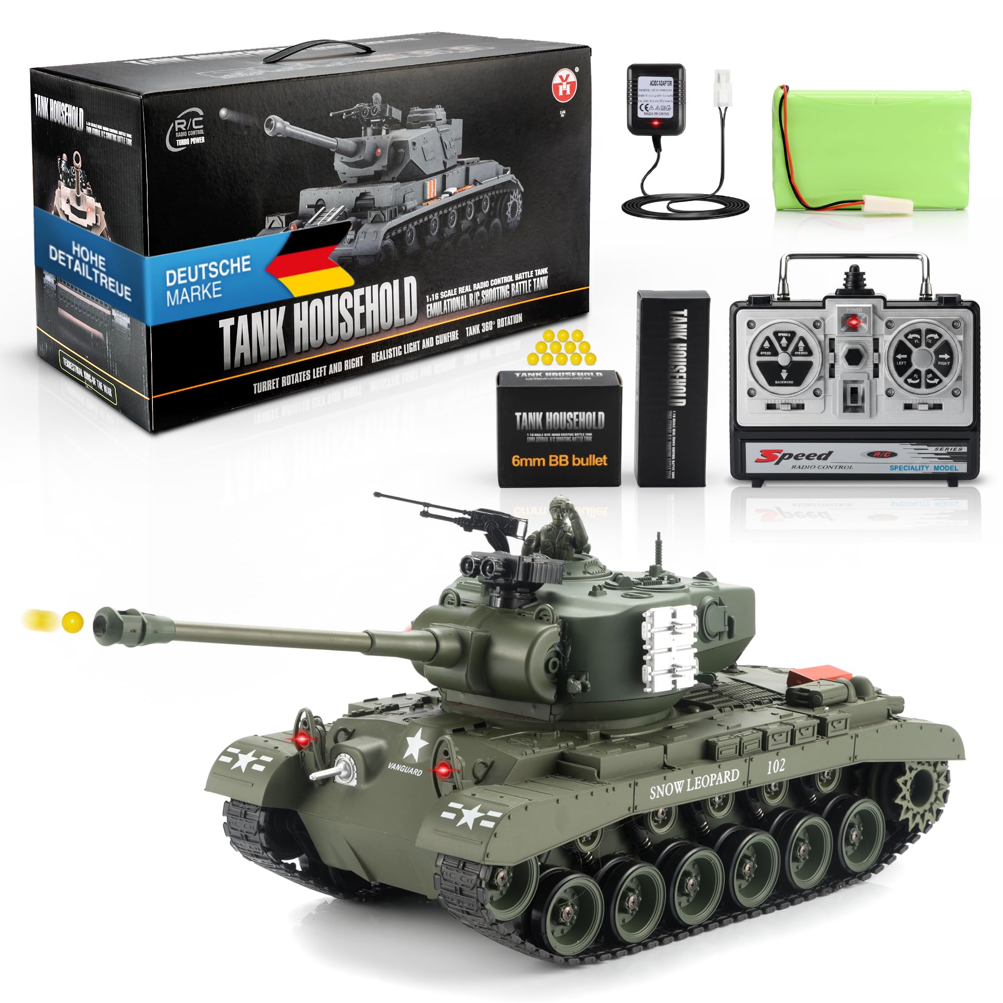 GOODS+GADGETS Tanque RC Alemán Tiger I 2.4GHz R/C Modelo a Escala 1:16 con función de Disparo, Sonido - RTR (Pershing Snow Leopard)