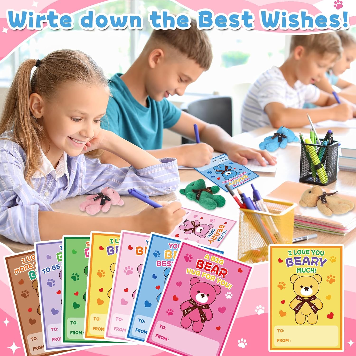 28 Packs Valentine's Day Cards with Mini Bears Plush Toys Keychains for Classroom Exchange, Valentine's Gifts Party Favors for Boys Girls School - Image 5