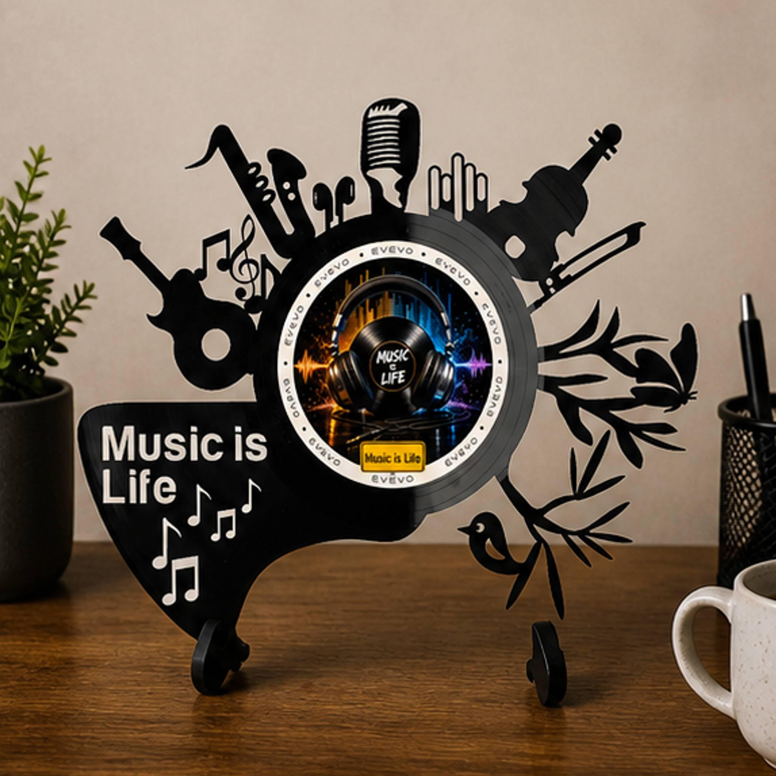 EVEVO Dekoracja ścienna z płyty gramofonowej Music is Life - winylowa sztuka ścienna, nuty prezent dla miłośników muzyki, muzyków, autorów piosenek, styl retro D0063