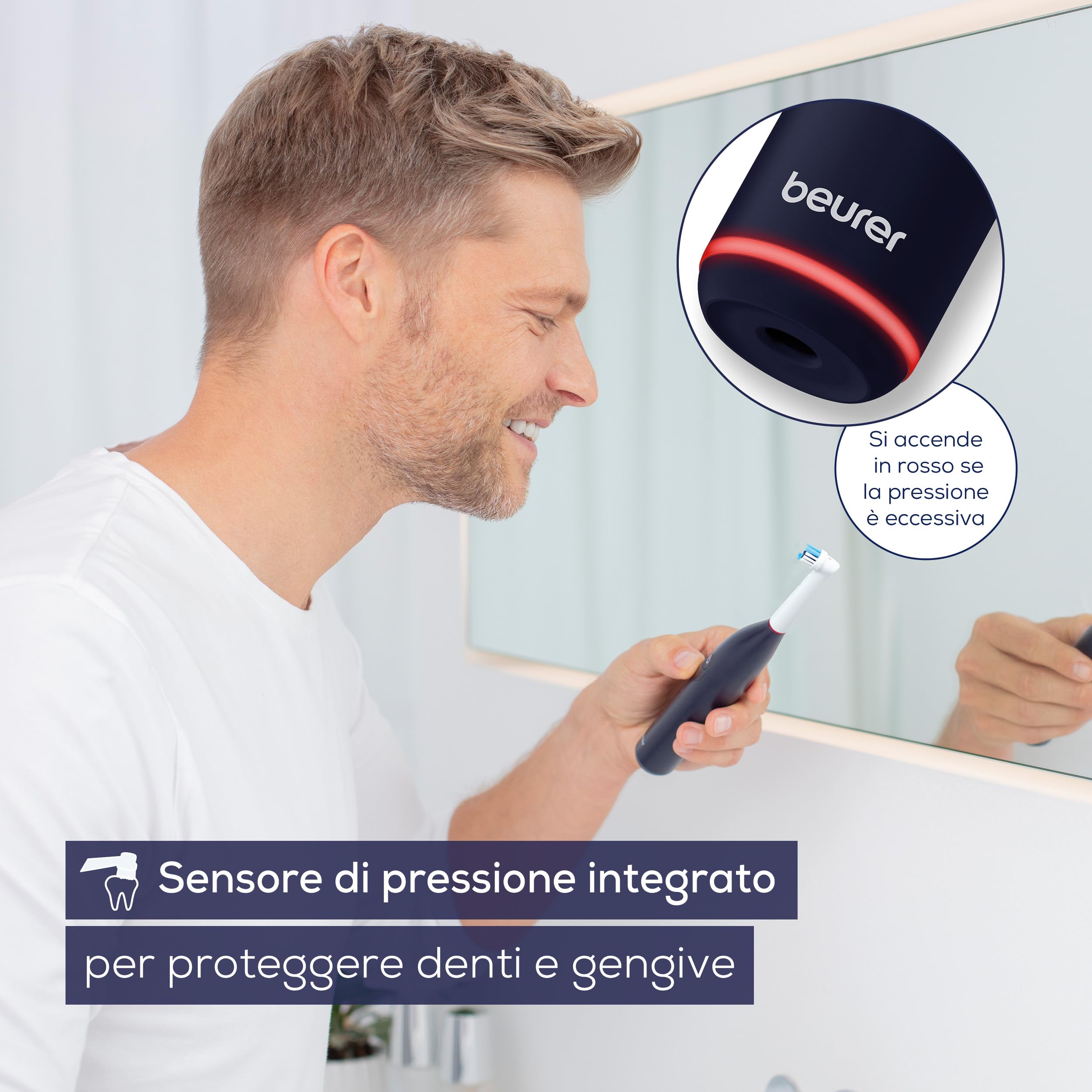 Beurer TB 50 Spazzolino Elettrico con Sensore di Pressione, 3 Programmi Clean, Sensitive e White e Timer Integrato da 2 Minuti per Una Pulizia Corretta Batteria Ricaricabile, Autonomia di 45 Giorni